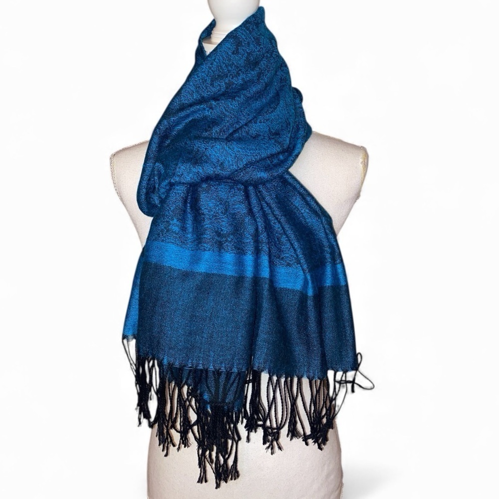 PASHMINA* Style Paisley Jacquard Patterned Scarf Wrap Shawl in TUR & BLK - Picture 3 of 8